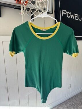 Free People Green Ribbed Bodysuit with Yellow Trim